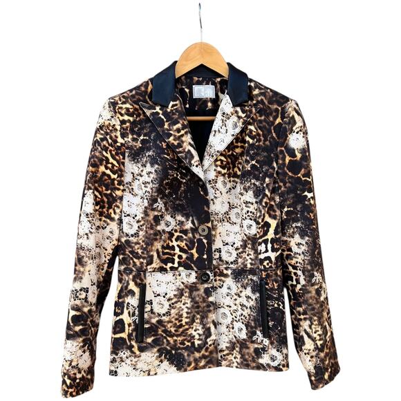 Vintage Alberto Makali Leopard & Lace Print Blazer Leather Collar Wmns Medium - Picture 1 of 11